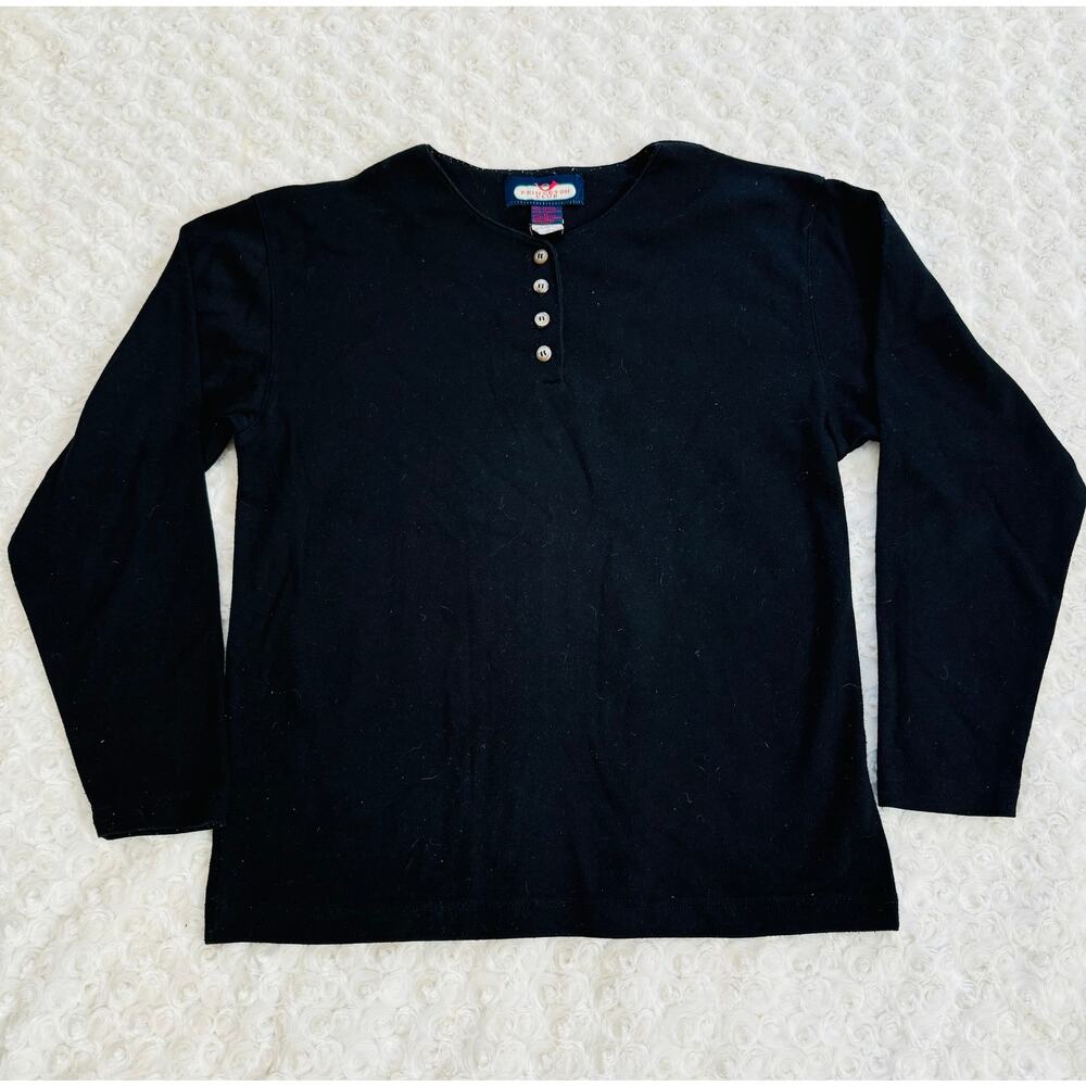 Princeton Club Black Henley Cotton Preppy Long Sleeve Tee Shirt VTG 90s Medium
